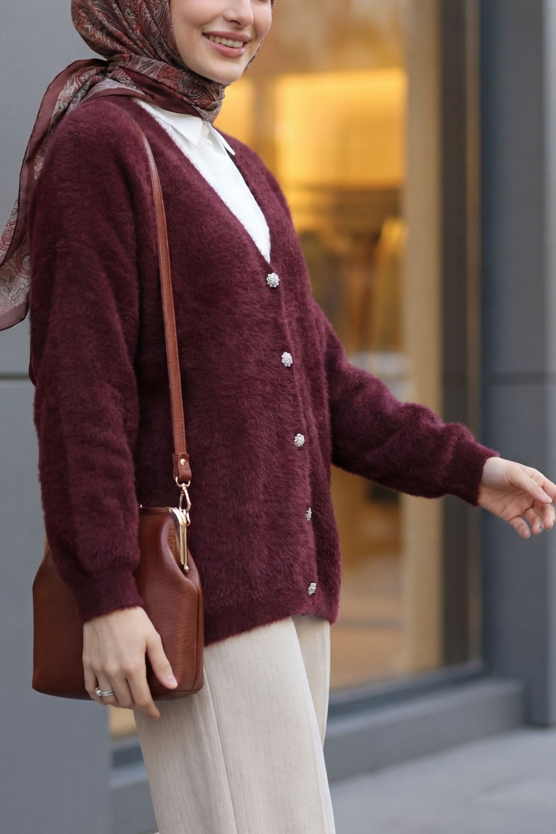 Burgundy Button-Front Fuzzy Knit Cardigan - Podyumplus - by Peralane - photo 3