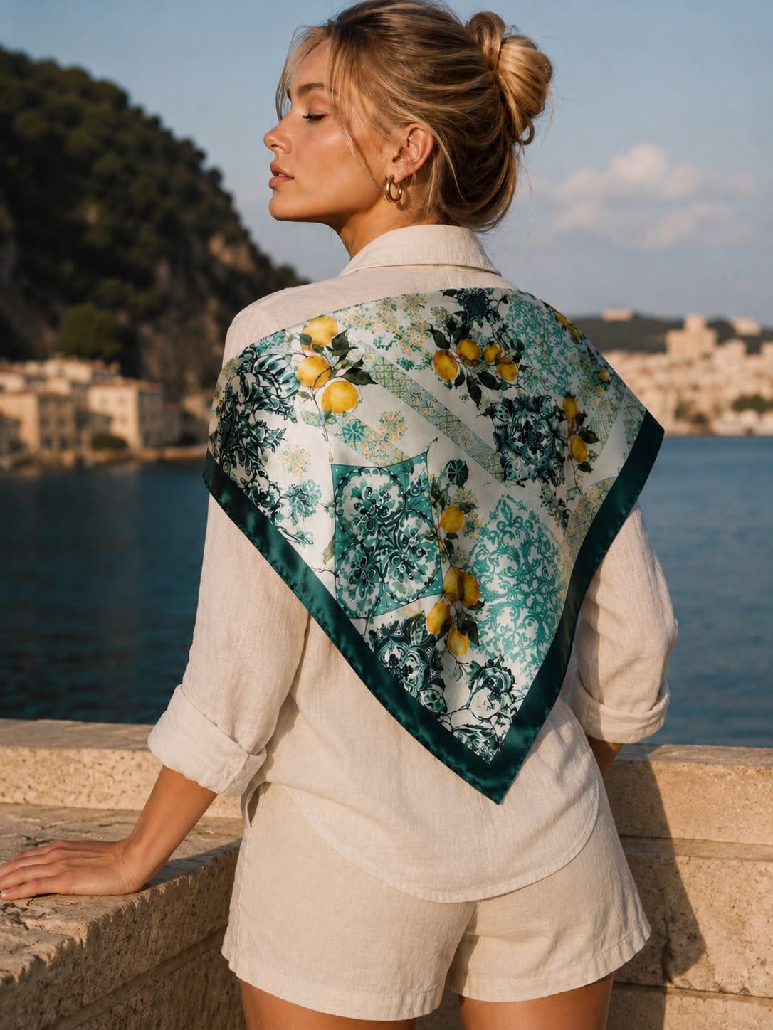 Lemon Print Green Bandana Scarf 70x70 cm - Nesvay - by Peralane