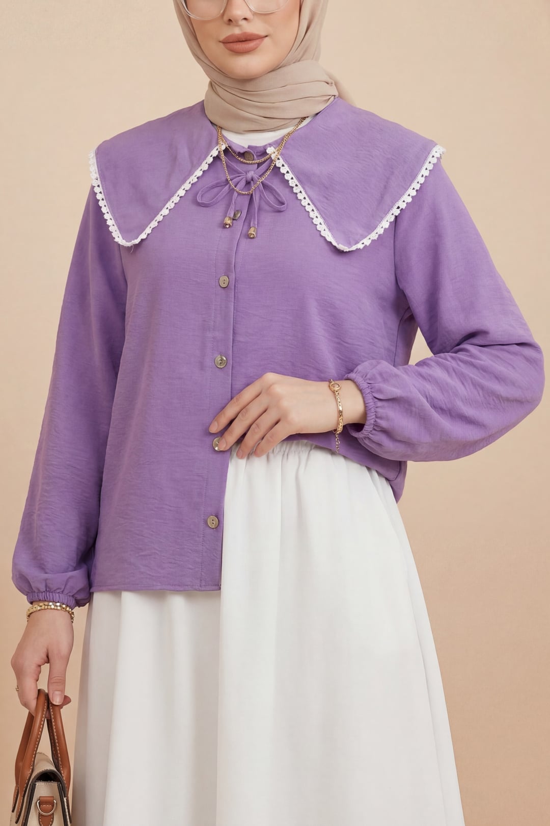 Lace Peter Pan Collar Long-Sleeve Blouse - Lilac - Podyumplus - by Peralane - photo 5