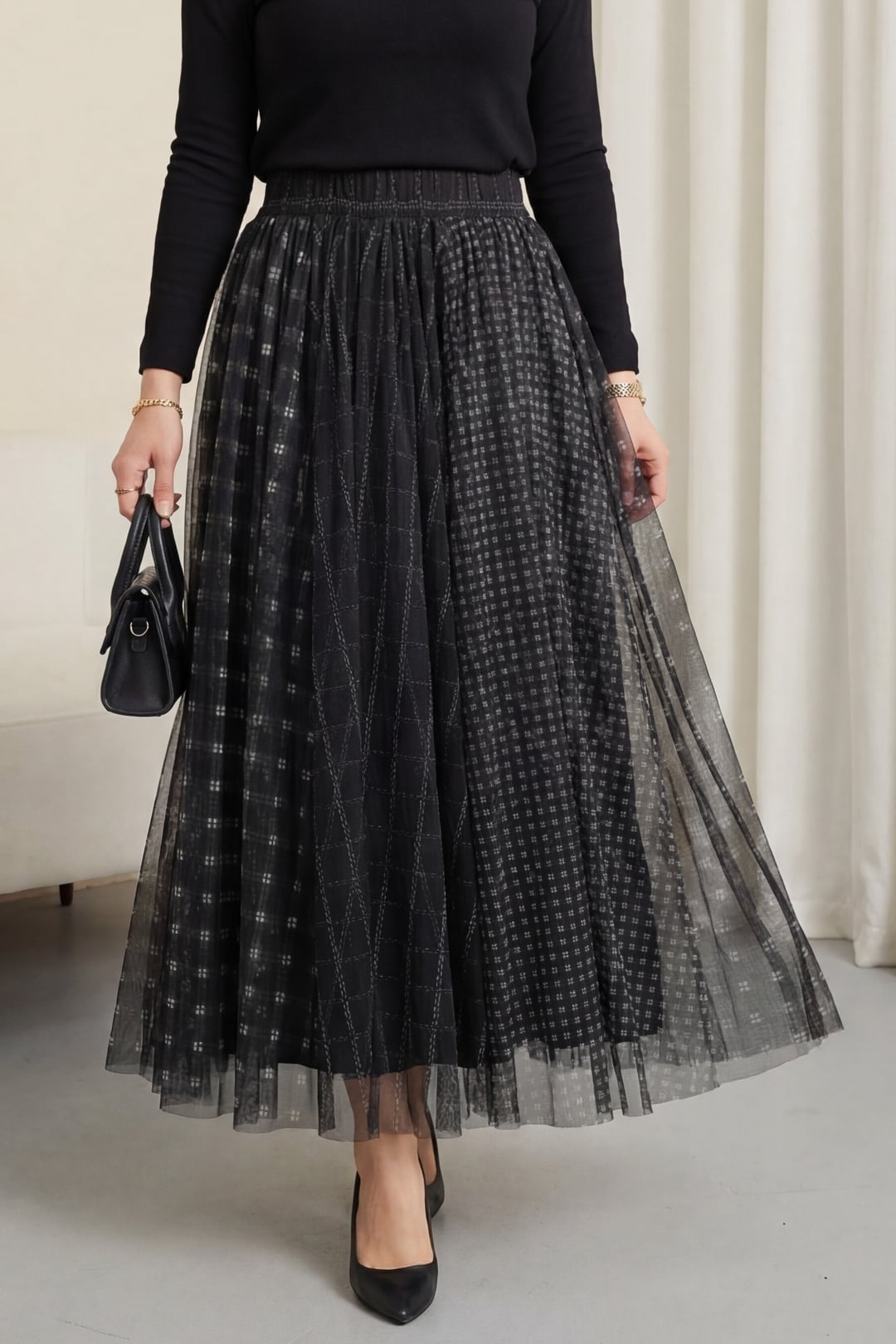 Square Pattern Elasticated Waist Lined Tulle Skirt - Black - Podyumplus - by Peralane
