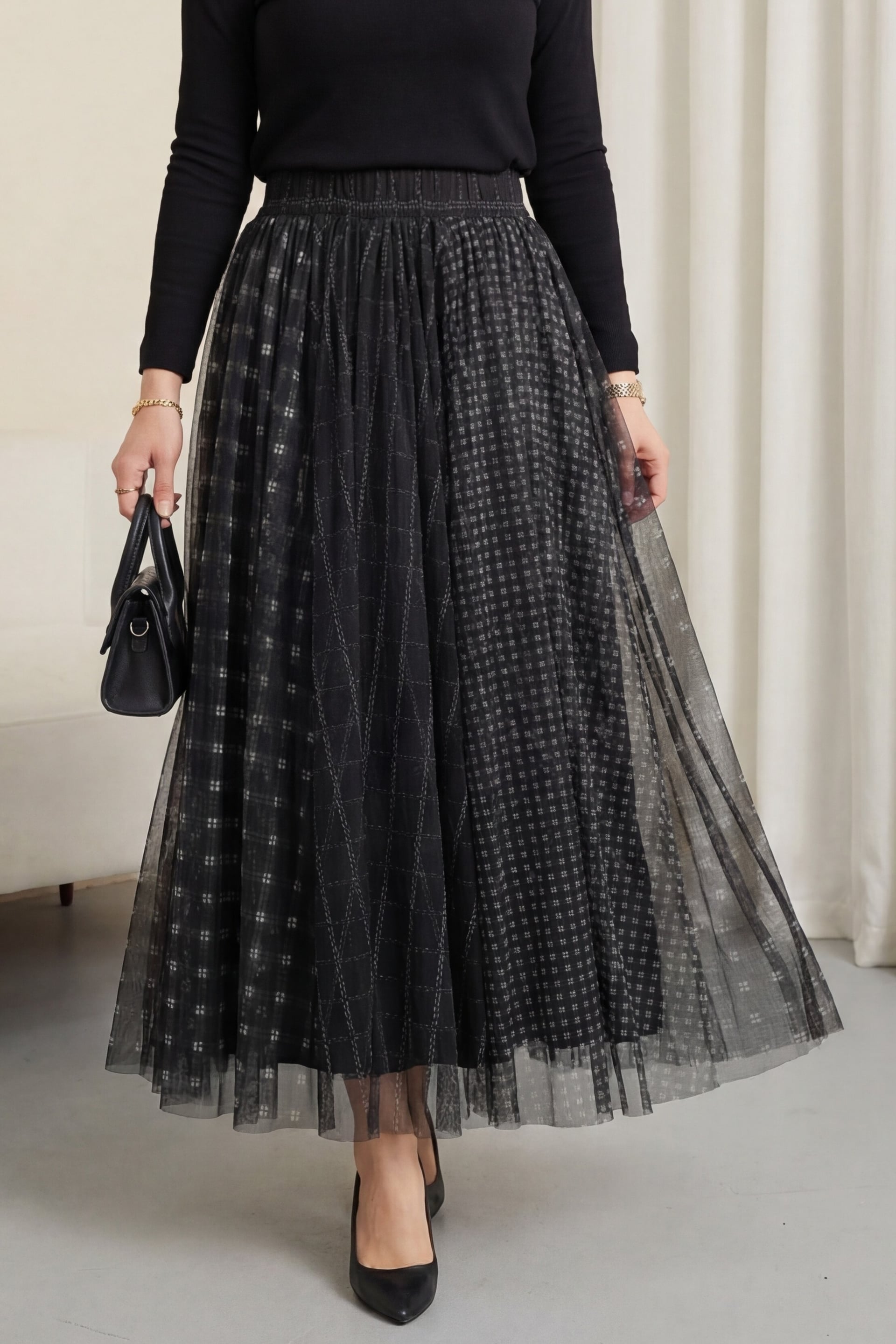 Square Pattern Elasticated Waist Lined Tulle Skirt - Black - Podyumplus - by Peralane