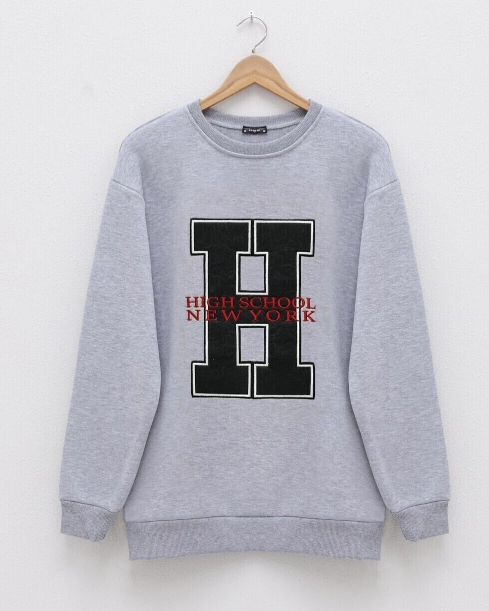 Embroidered Crew Neck Sweatshirt Tunic - Grey - Podyumplus - by Peralane - photo 3