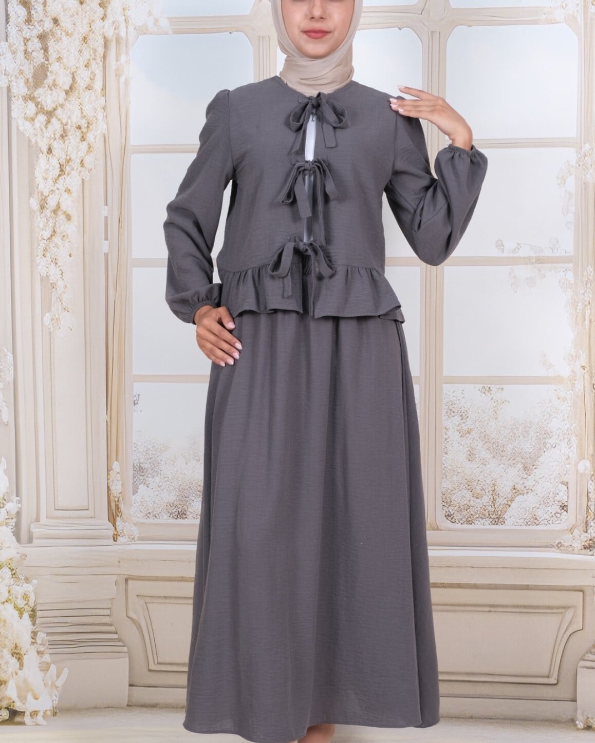 Front Lace-Up Long Sleeve Top and Skirt Set - Dark Grey - Podyumplus - by Peralane - photo 5