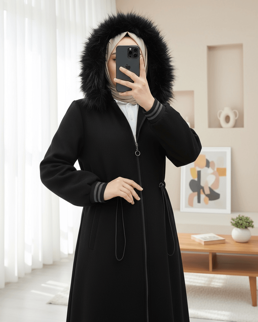Hooded Faux Fur Trim Zip Coat - Black - Podyumplus - by Peralane - photo 6