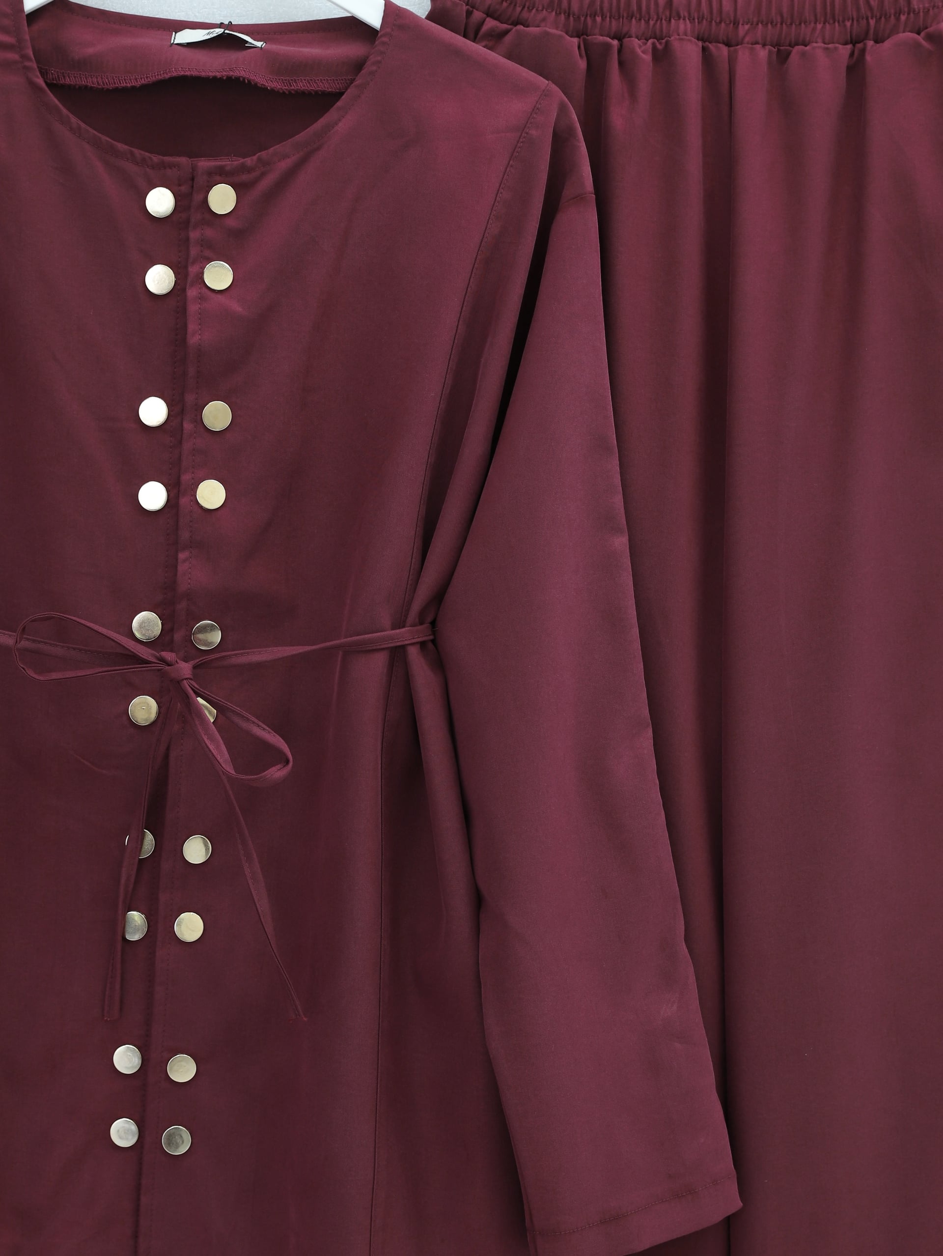 Double Snap Detail Round Neck Wide Leg Trousers Modal Set - Burgundy - Podyumplus - by Peralane - photo 6