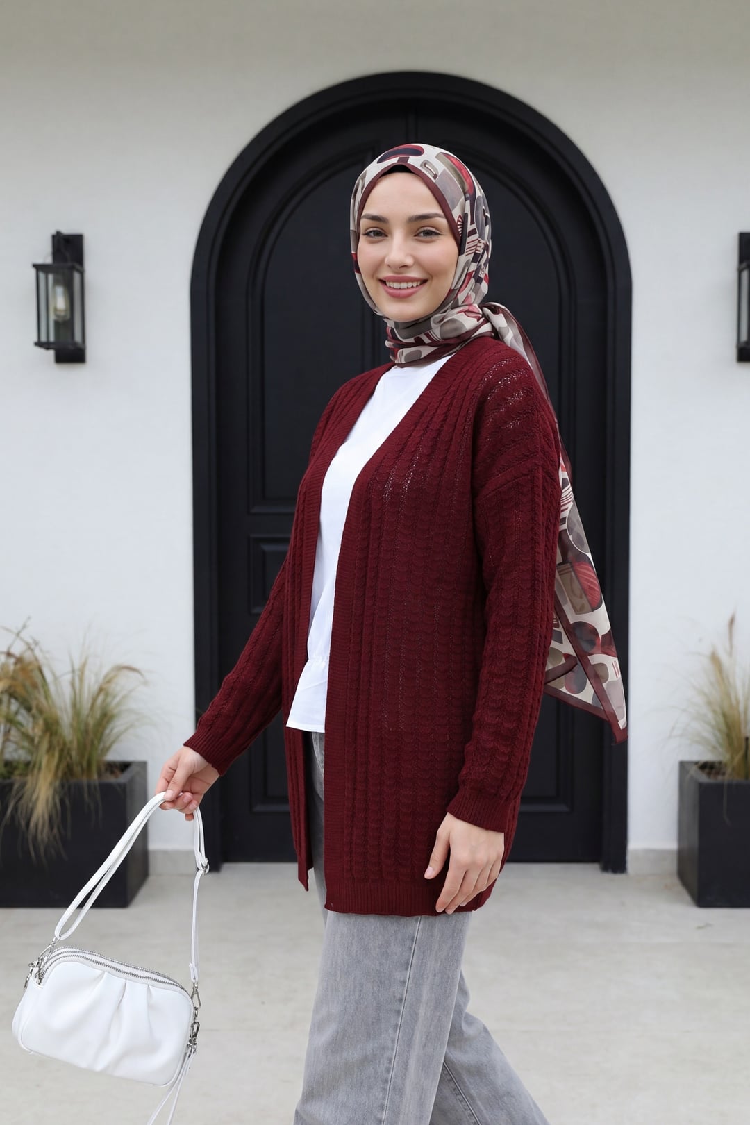 Burgundy Openwork Knit Cardigan - Podyumplus - by Peralane