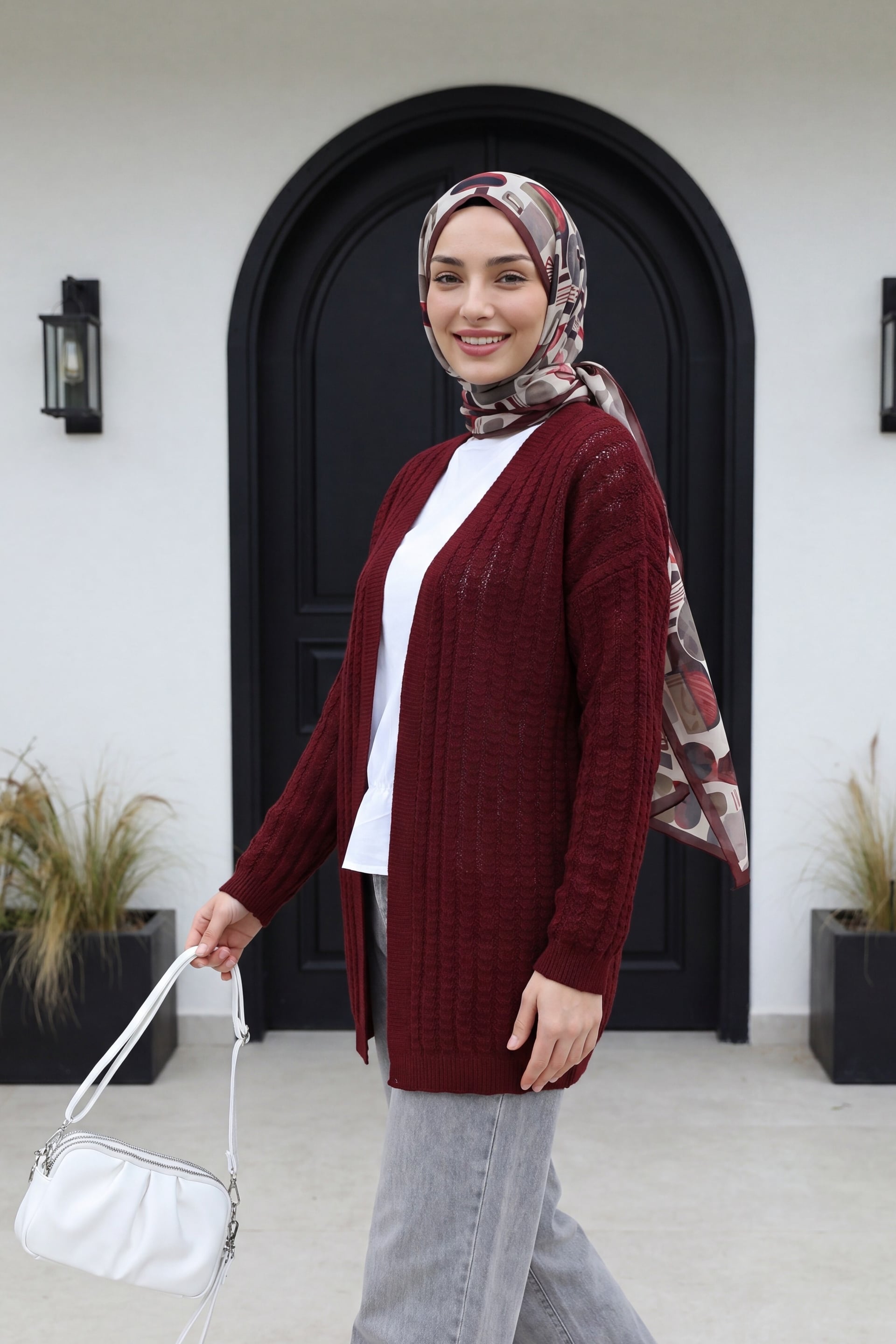 Burgundy Openwork Knit Cardigan - Podyumplus - by Peralane