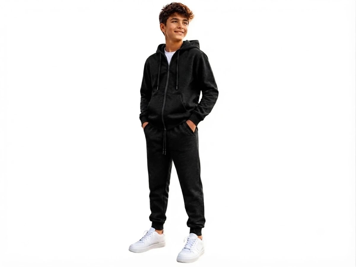 Boys' Zip-Up Hooded Tracksuit Set with Jogger Pants, Black - Koska - by Peralane