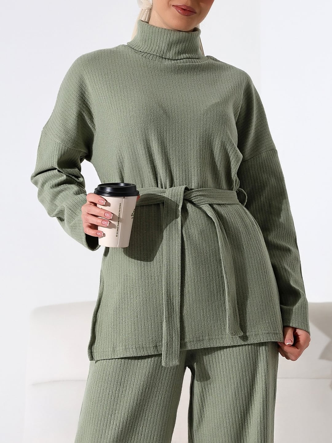 Half Turtleneck Ribbed Knit Lounge Set with Belt - Sage Green - Podyumplus - by Peralane - photo 5