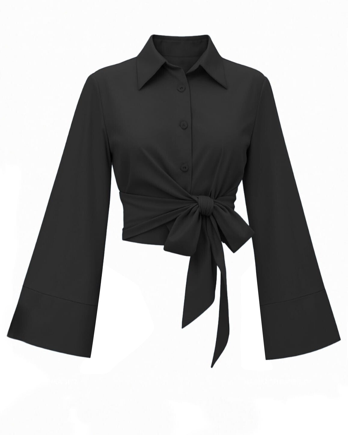 Black Tie-Waist Spanish Sleeve Poplin Blouse - Podyumplus - by Peralane - photo 5