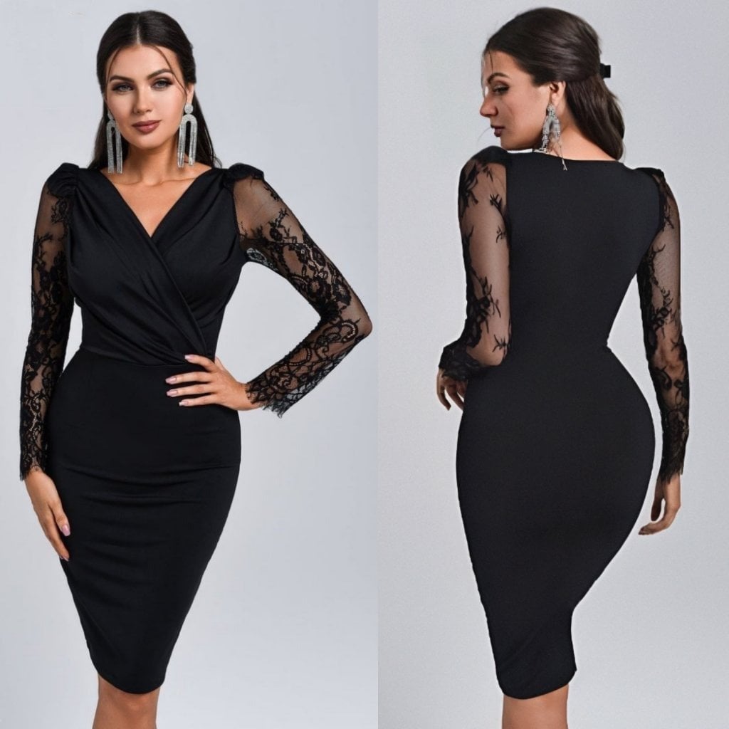 Women's Long Sleeve Wrap V-Neck Dress with Sheer Lace Sleeves, Mini Length - Janes - by Peralane