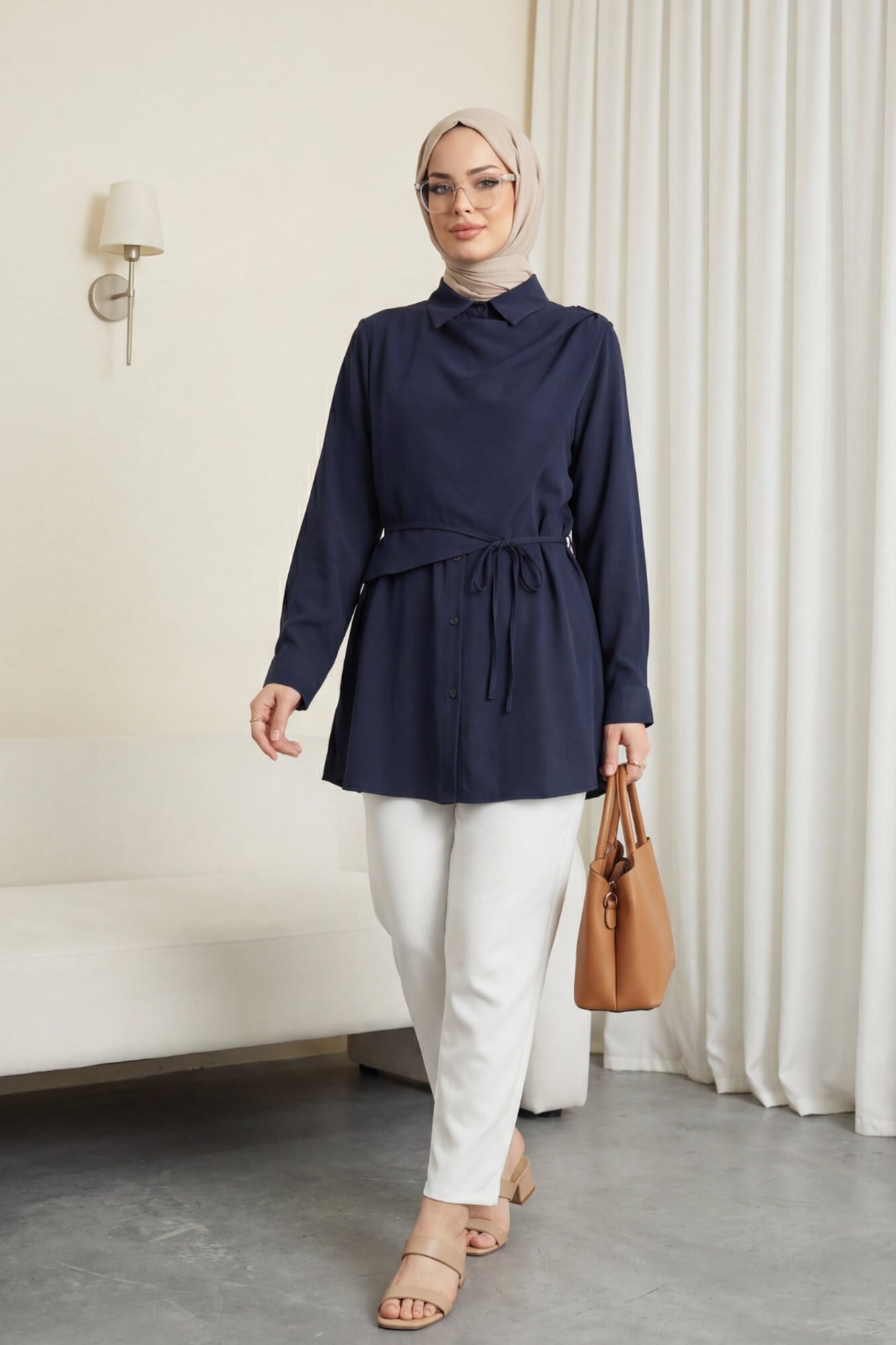 Women's Modest Long-Sleeve Modal Shirt with Double-Layer Front and Tie Detail – Navy - Podyumplus - by Peralane - photo 2