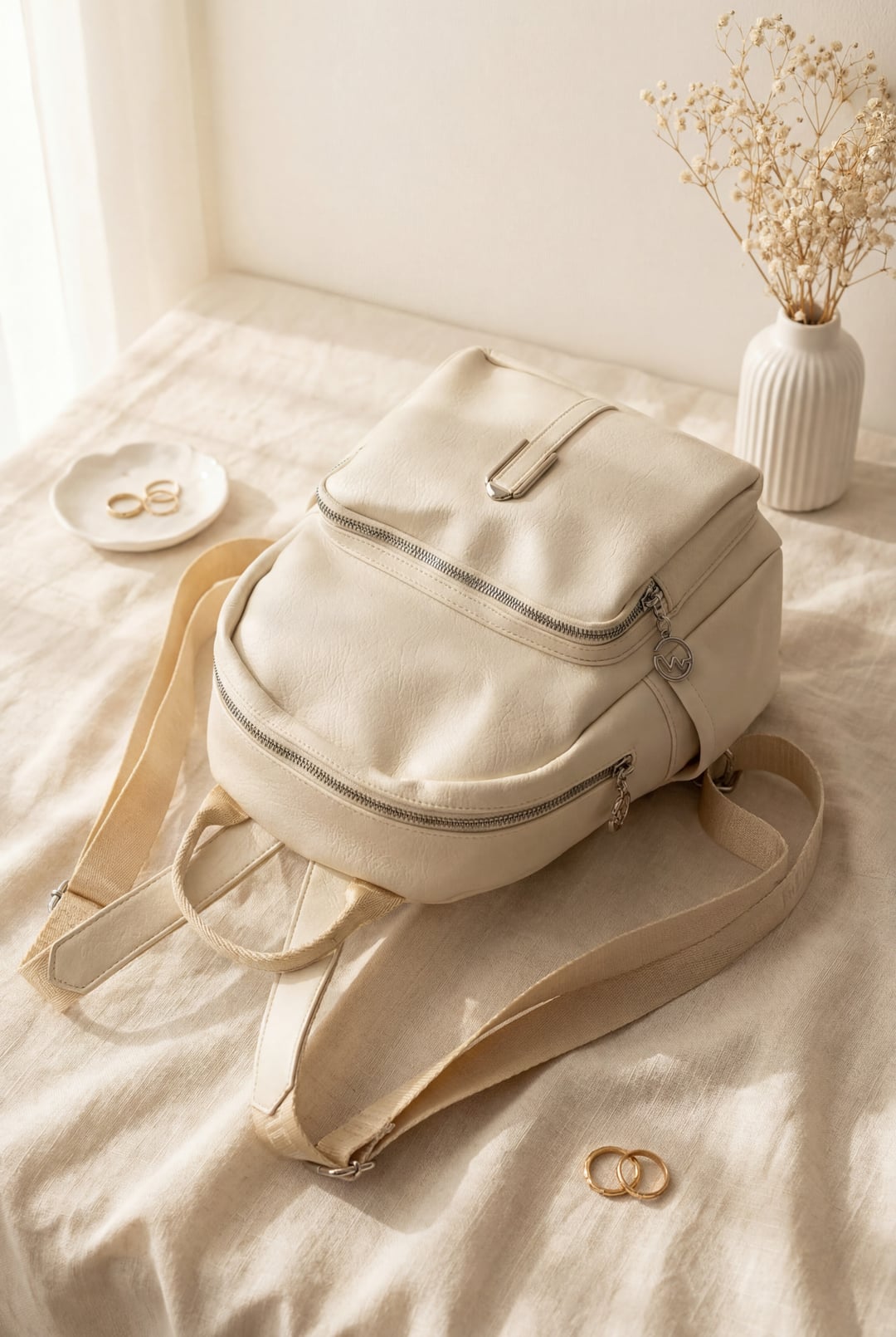 Cream Woven-Strap Women's Double-Zip Backpack - Podyumplus - by Peralane