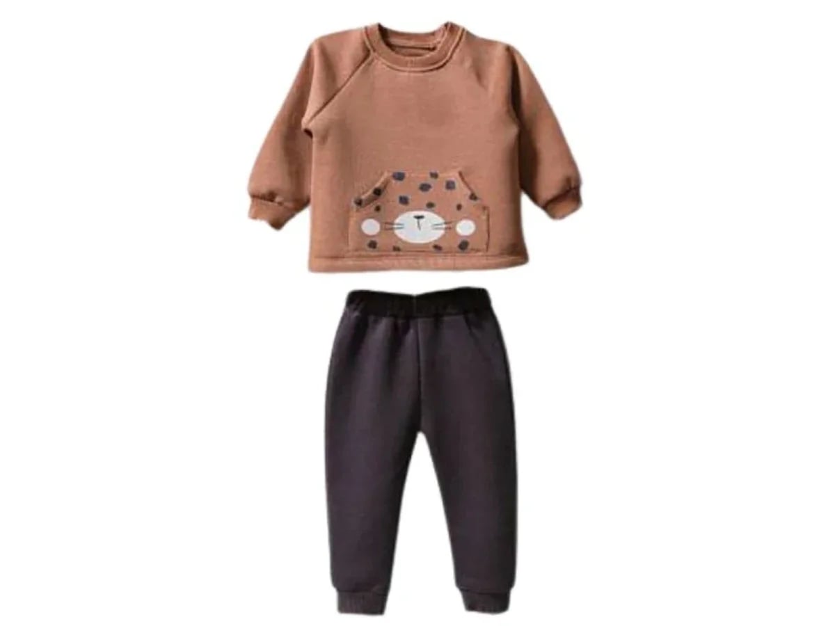 Boys Baby Set with Cat Print Sweatshirt and Trousers - Brown - Vovido - by Peralane