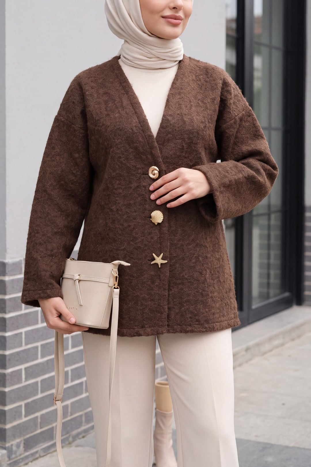 Figure Button V-Neck Fringed Cardigan - Brown - Podyumplus - by Peralane - photo 2
