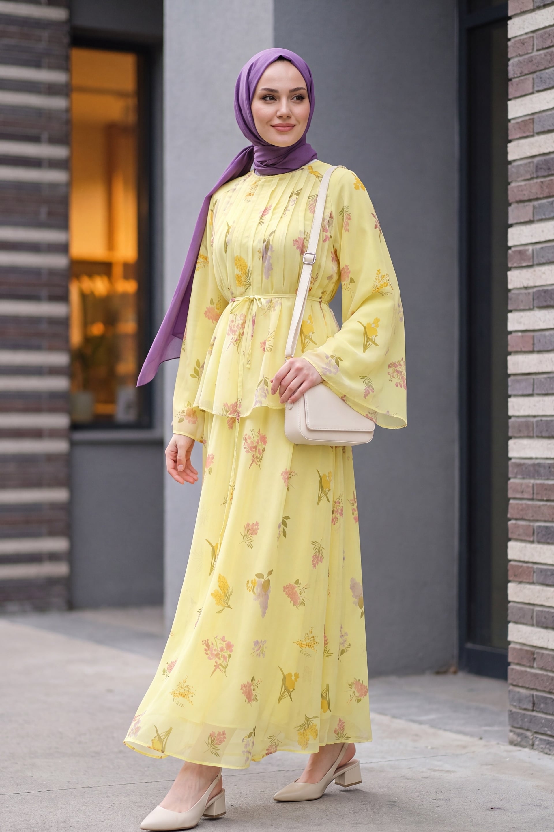 Floral Print Belted Chiffon Dress Set with Scarf - Yellow - Podyumplus - by Peralane