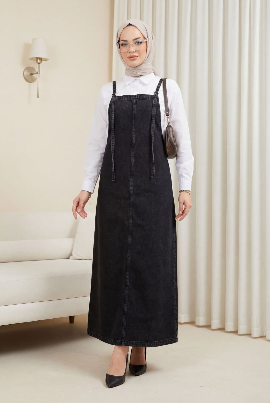 Women's Thin Strap Denim Dungaree Dress - Black - Podyumplus - by Peralane