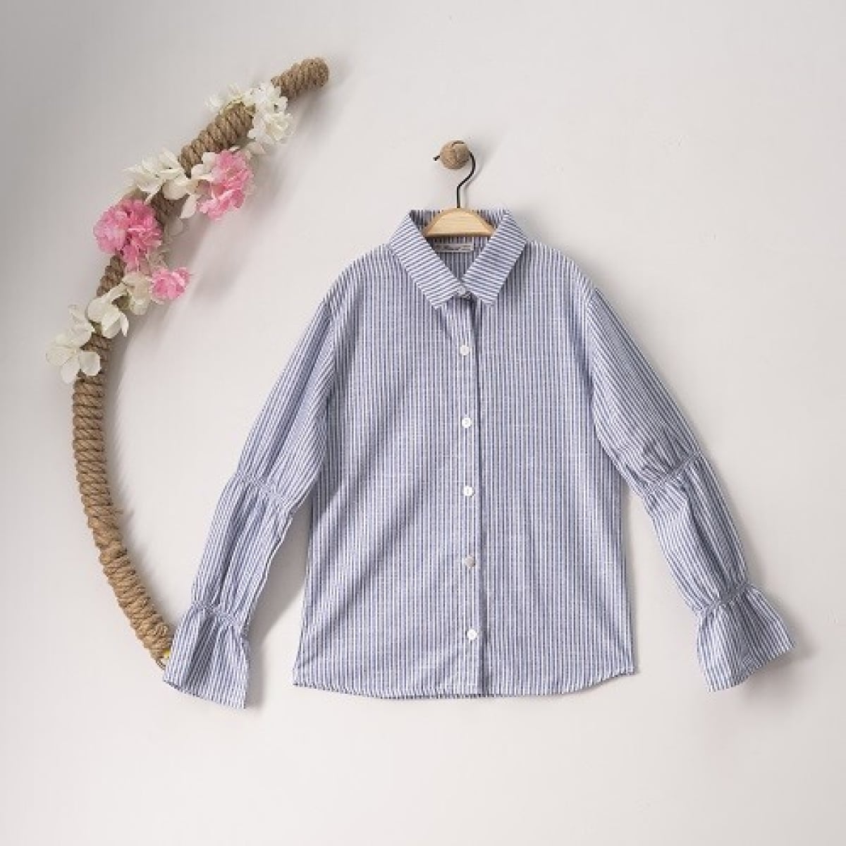 Girls Striped Shirt with Elastic Cuffs, 11-14Y - Busra Bebe - by Peralane