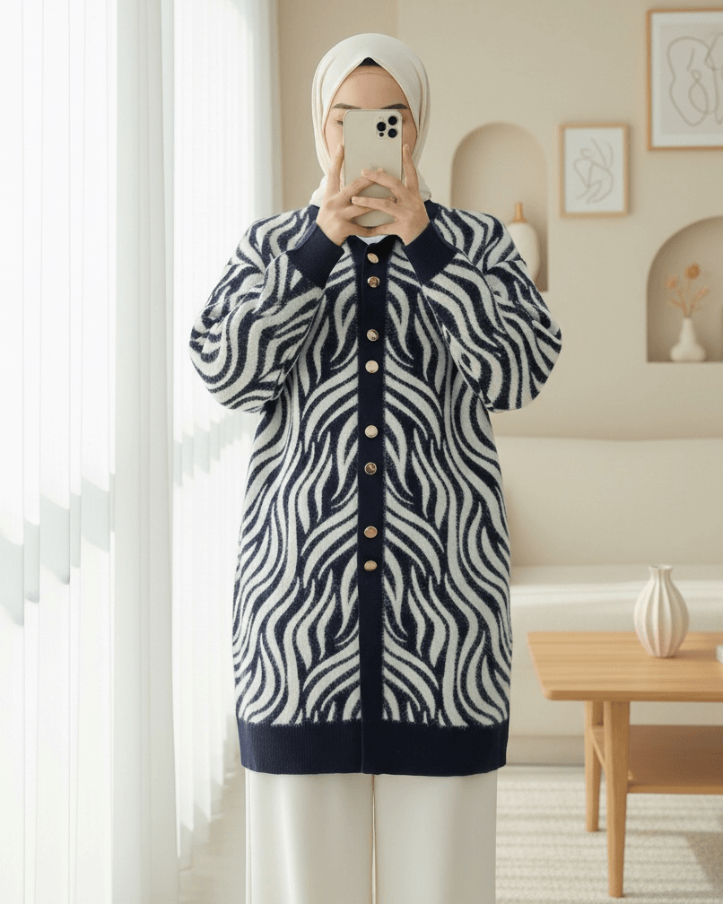 Buttoned Zebra Print Fringed Knit Cardigan - Navy - Podyumplus - by Peralane - photo 2