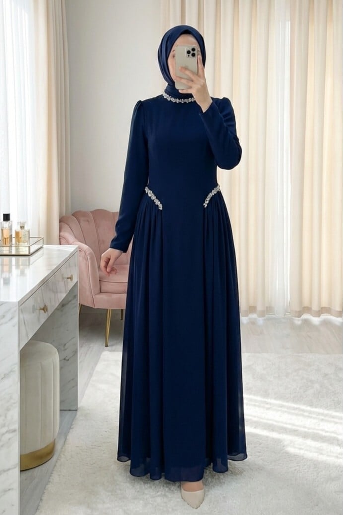Navy Blue Jeweled Neck and Waist Tulle Detail Lined Crepe Dress - Podyumplus - by Peralane