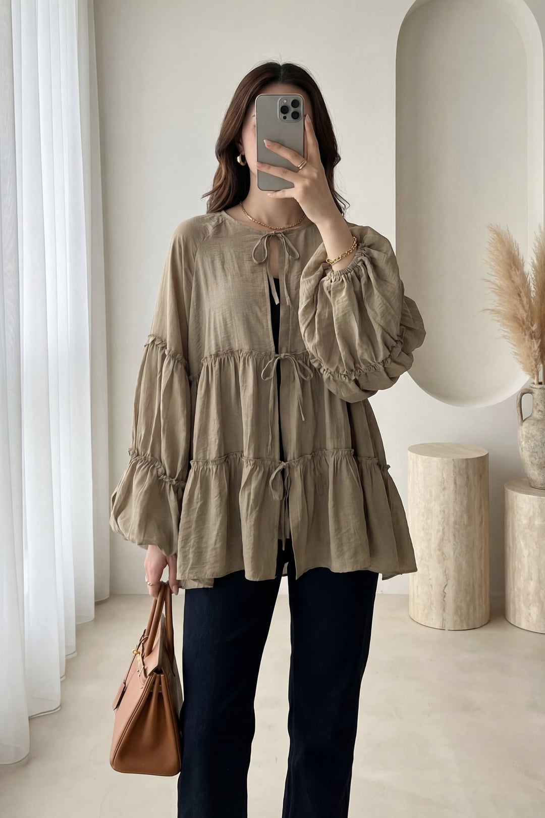 Tie-Front Layered Modal Blouse with Elastic Cuffs - Khaki - Podyumplus - by Peralane