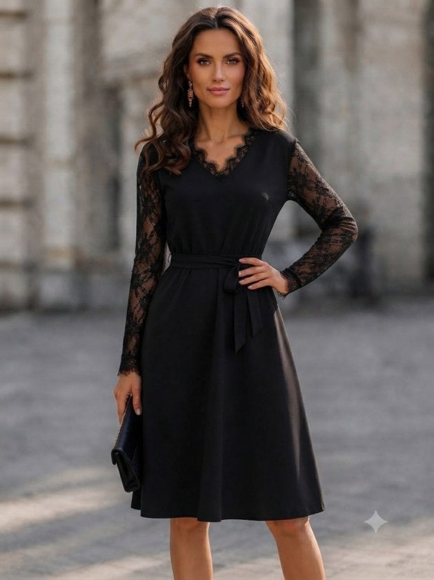 Women's Black Long Sleeve V-Neck Lace Trim Belted Crepe Dress - Janes - by Peralane - photo 3
