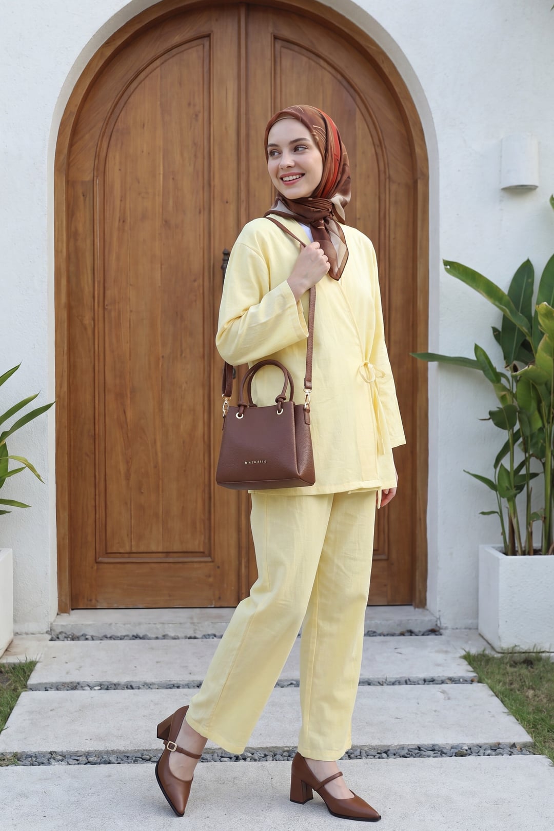 Front-Tie Kimono Set with Wide-Leg Trousers - Light Yellow - Podyumplus - by Peralane - photo 6
