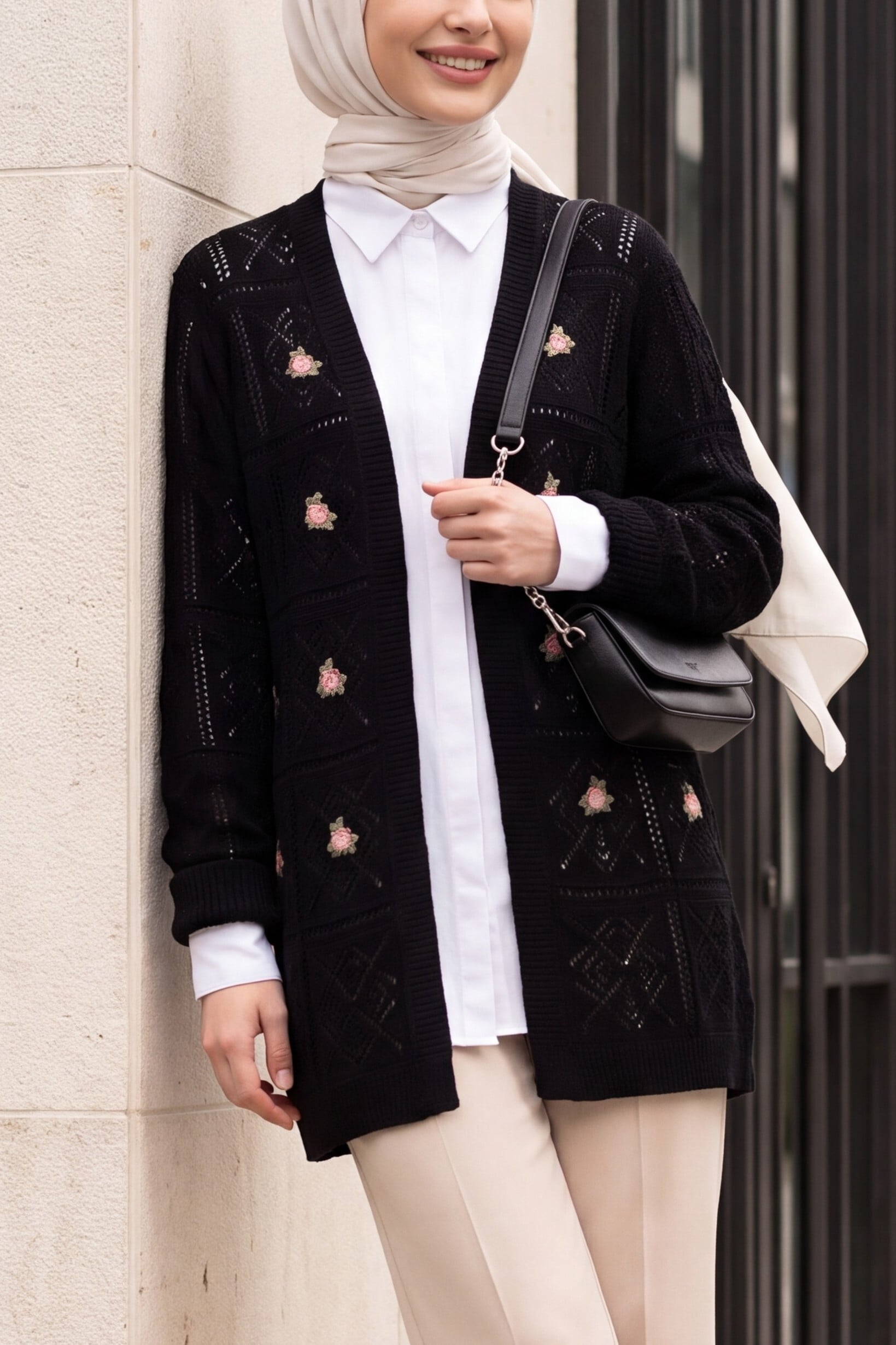 Black Open-Knit Embroidered Cardigan - Podyumplus - by Peralane