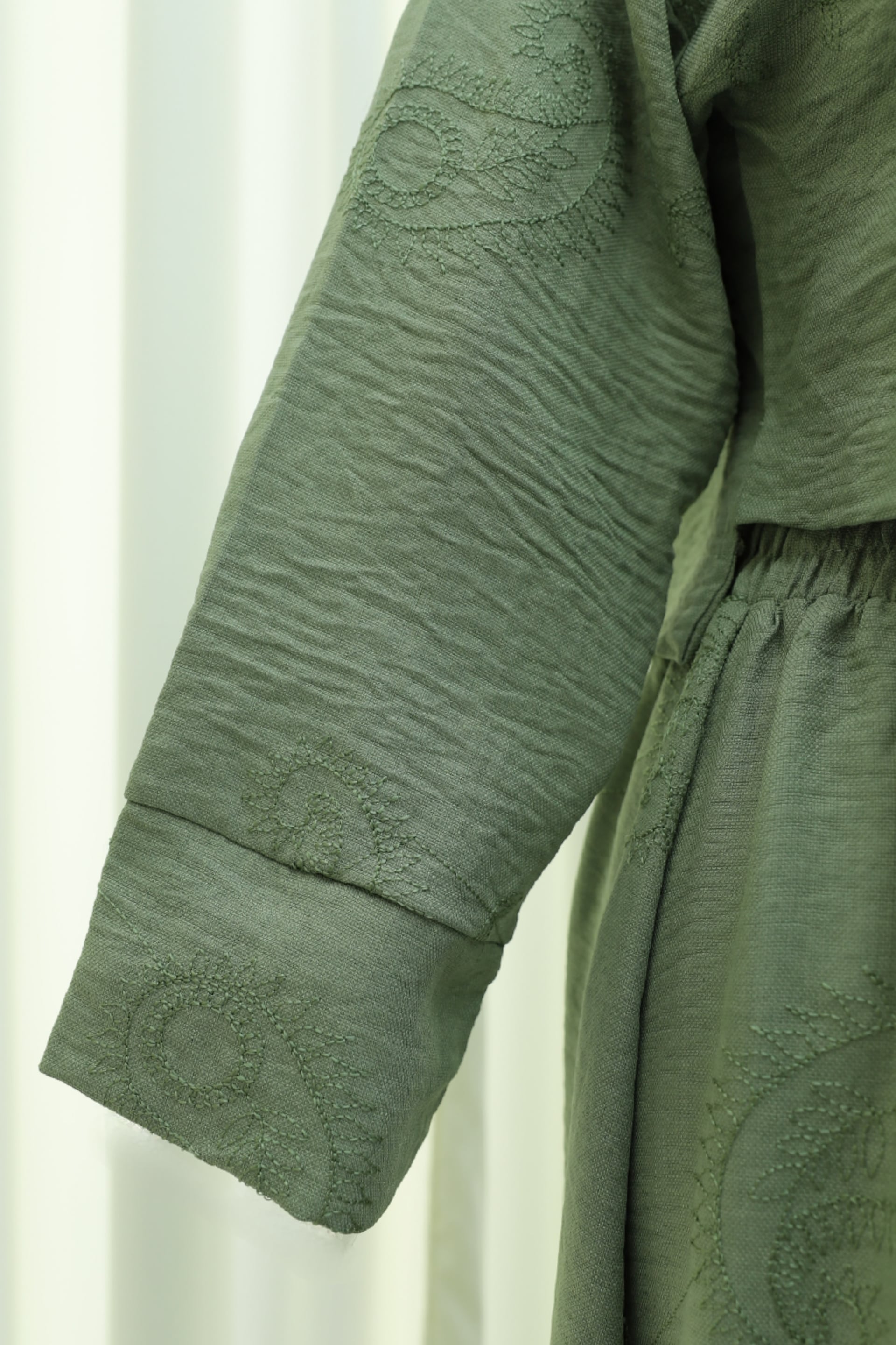Single Button Embroidered Skirt Set with Linen Look - Khaki - Podyumplus - by Peralane - photo 6
