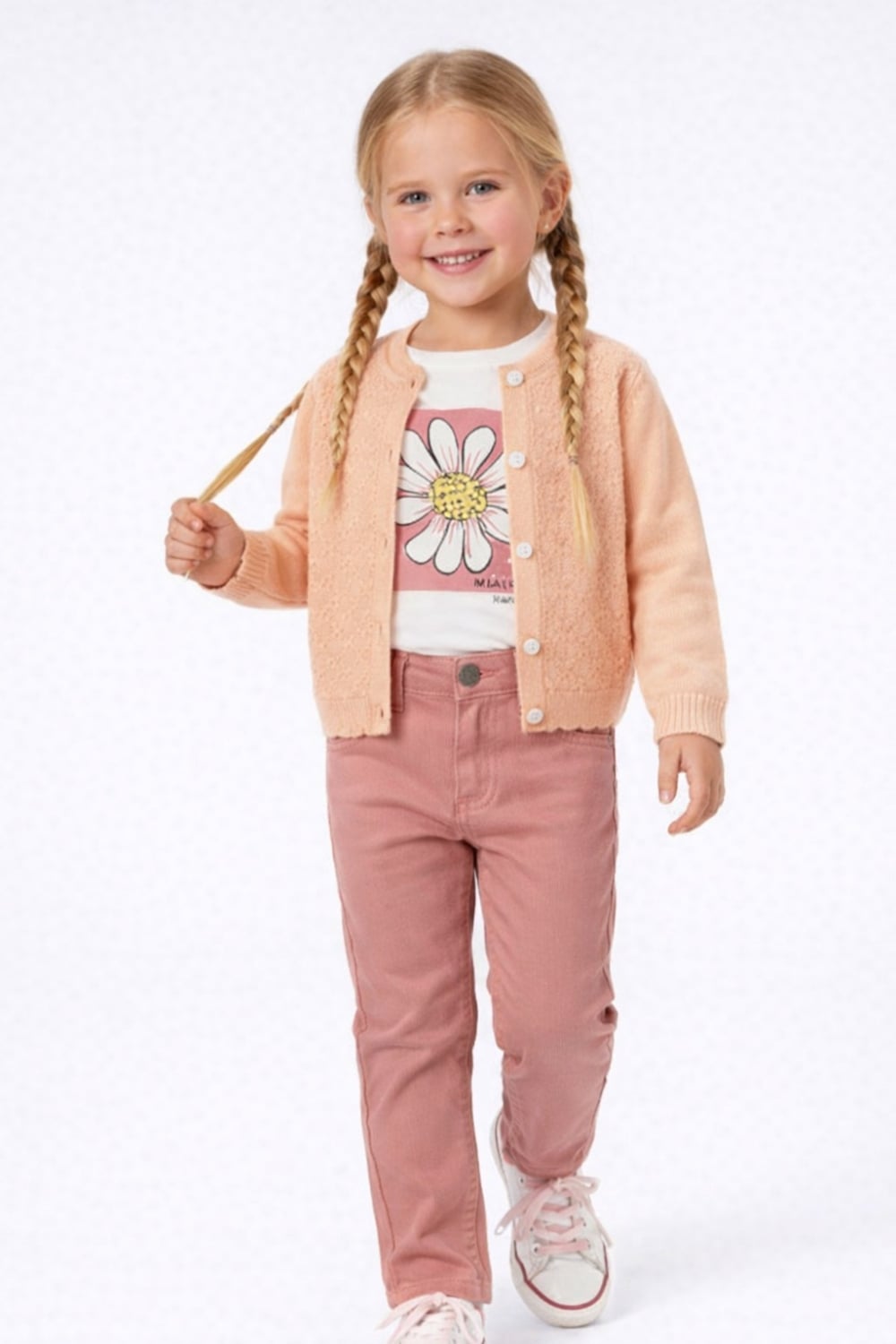Girls' 3-Piece Cardigan, T-Shirt and Trousers Set - Peach, White and Rose - Has Bereket - by Peralane