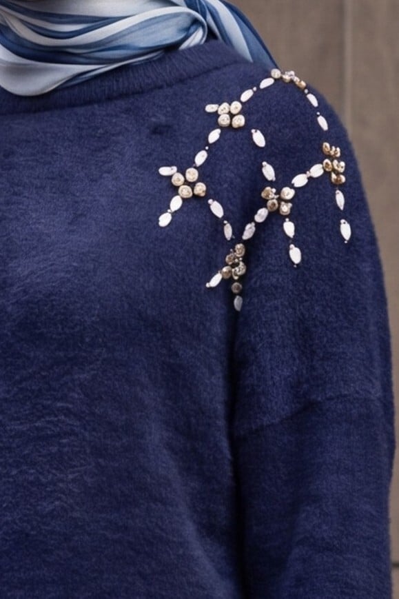 Navy Blue Stone Embellished Soft Knit Tunic - Podyumplus - by Peralane - photo 7