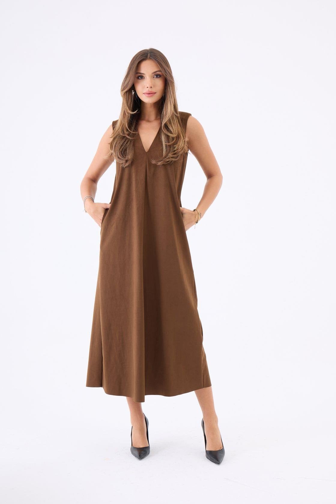 Sleeveless Midi Dress in Camel Brown - Fame - by Peralane