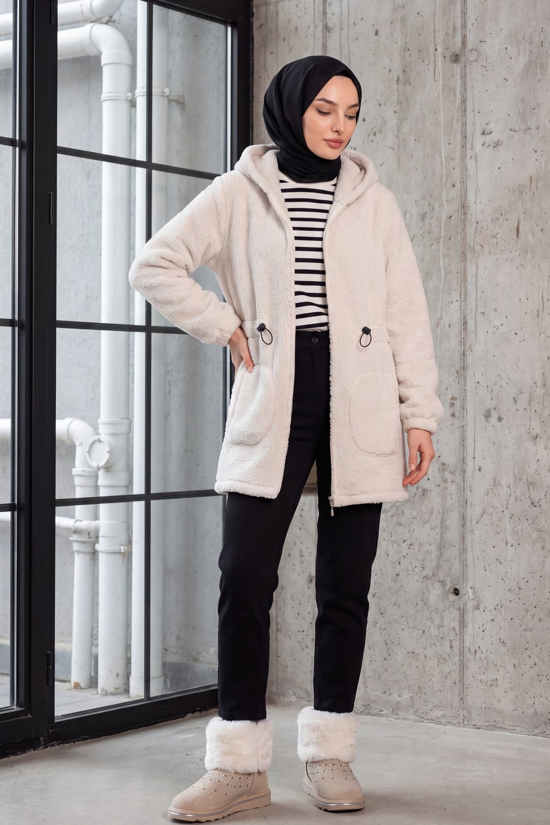Beige Hooded Zip Fleece Jacket with Elasticated Waist - Podyumplus - by Peralane - photo 4