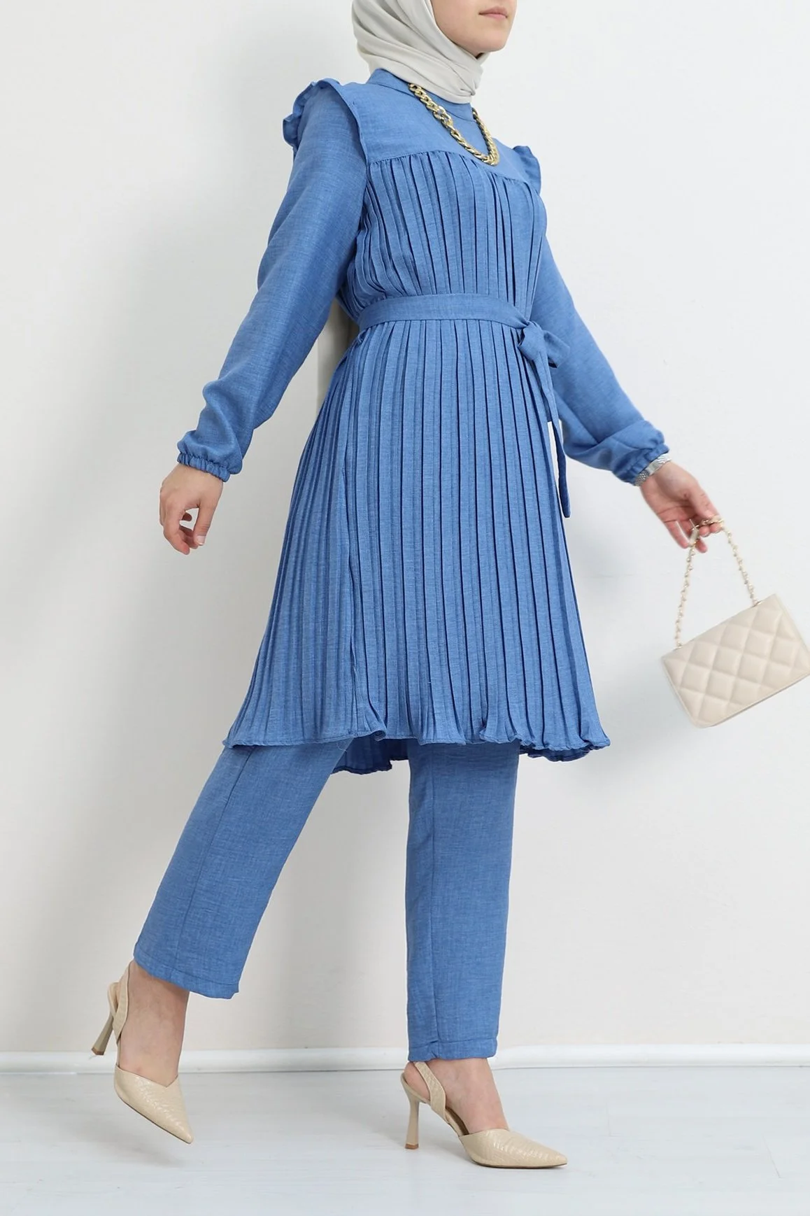 Ruffled Yoke Pleated Belted Tunic and Trousers Set - Blue - Podyumplus - by Peralane