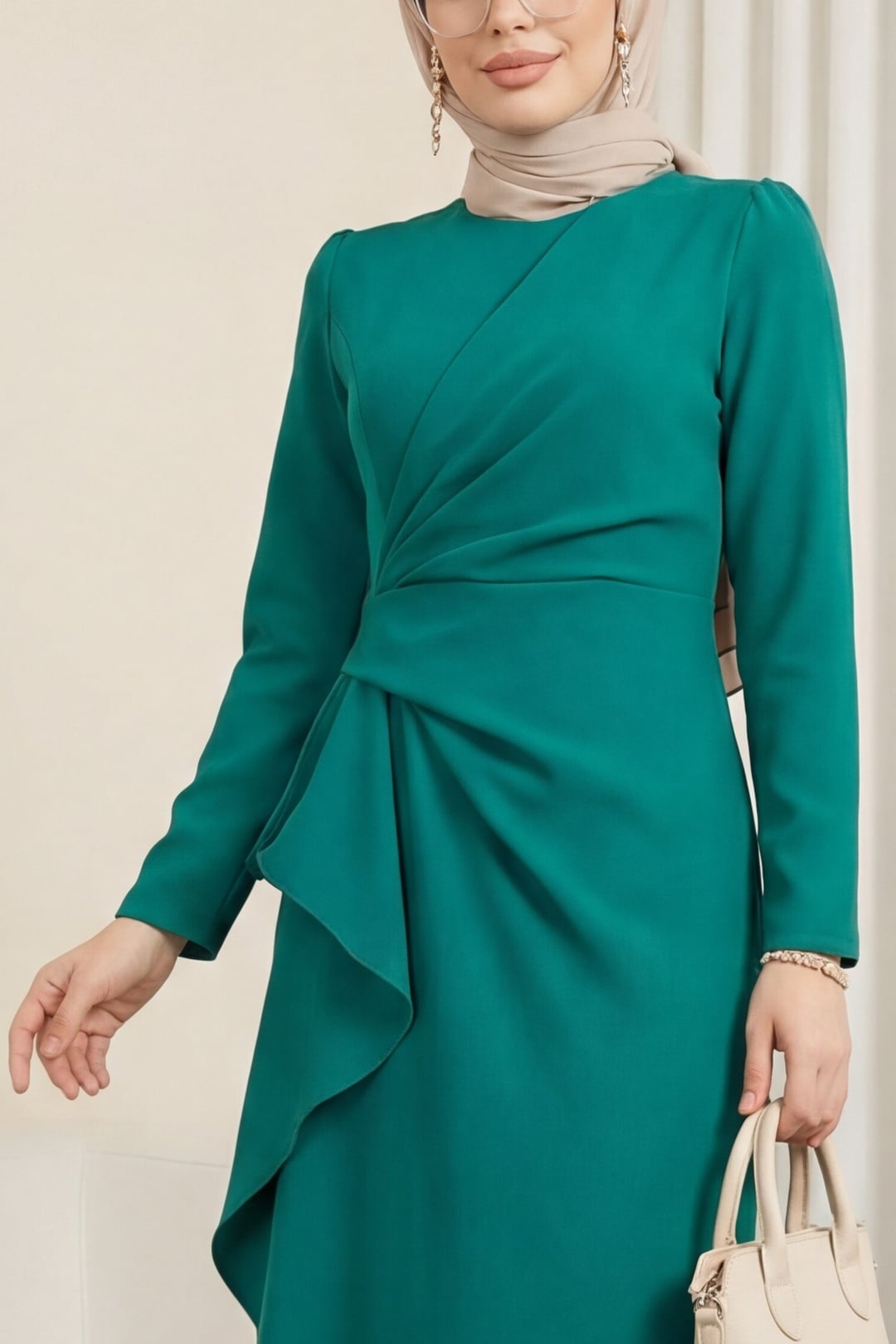 Asymmetric Krep Dress with Draped Front - Emerald - Podyumplus - by Peralane - photo 6