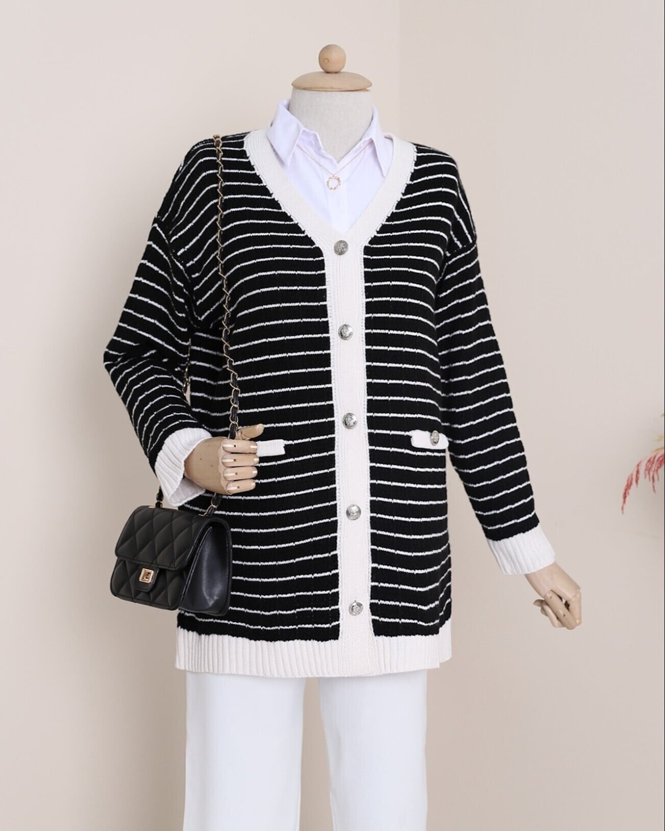 Striped Button-Front Cardigan with Pocket Details - Black - Podyumplus - by Peralane - photo 3