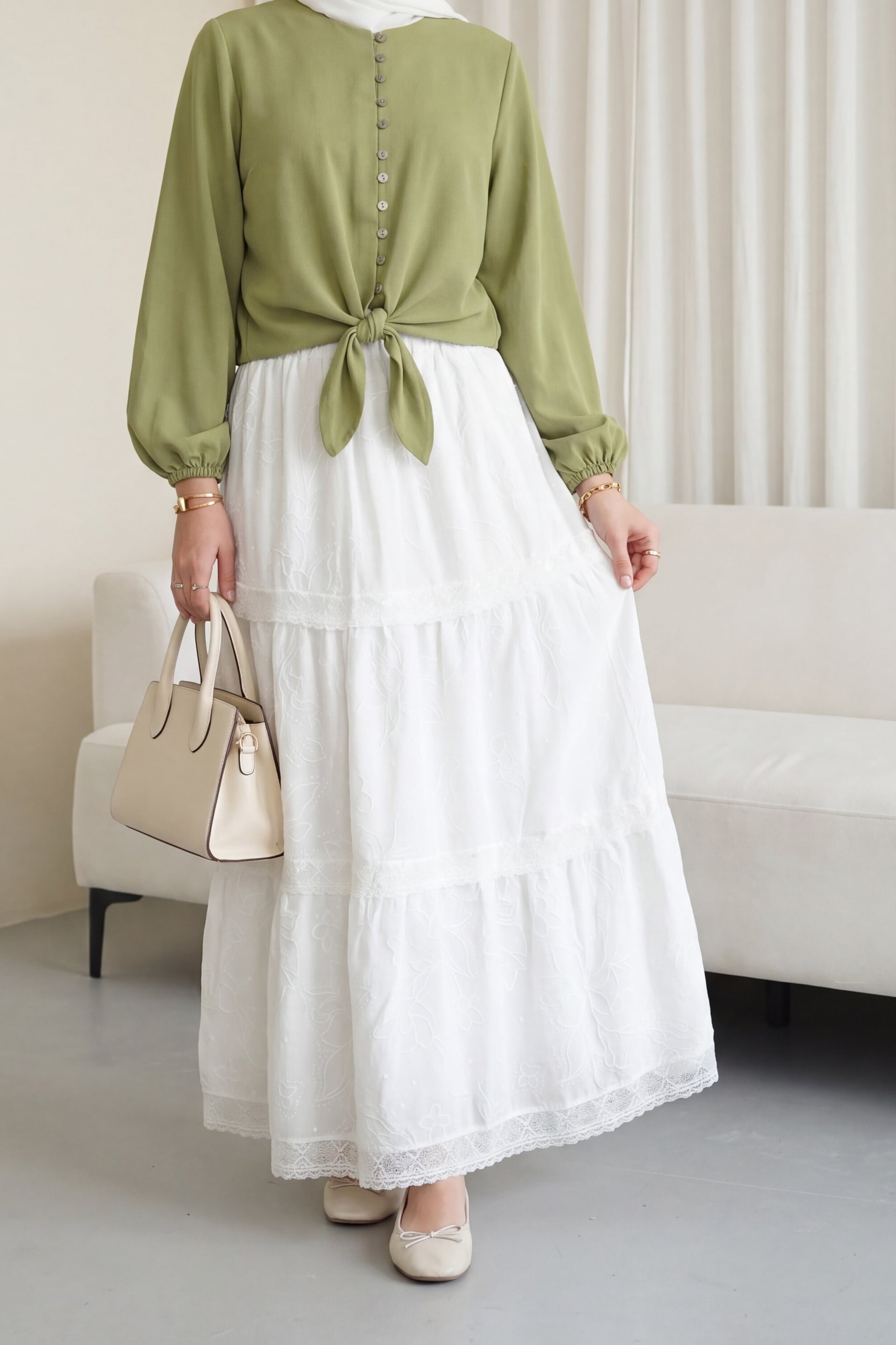 White Tiered Floral Embroidered Voile Skirt with Elastic Waist - Podyumplus - by Peralane