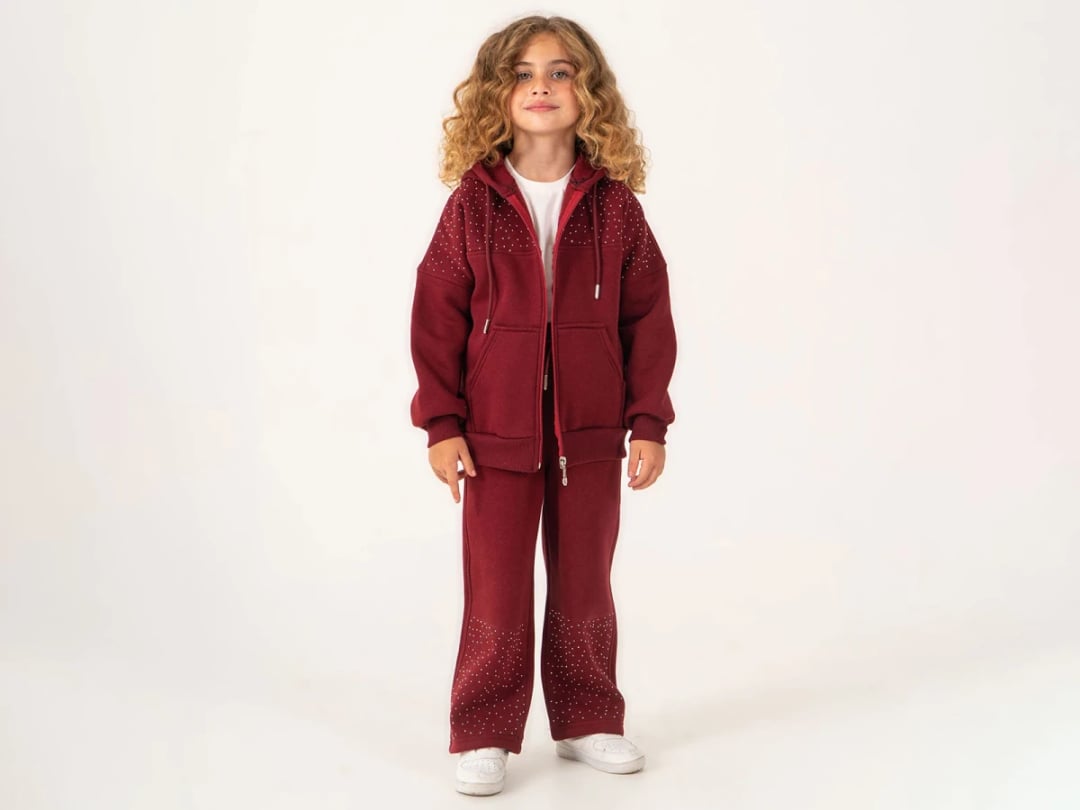 Girls' Hooded Tracksuit Set with Stone Details - Deep Red - Lumii - by Peralane