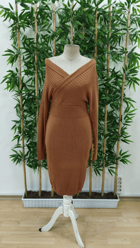 Women's Long Sleeve Off-Shoulder Wrap Neck Ribbed Knit Midi Dress - Janes - by Peralane - photo 4