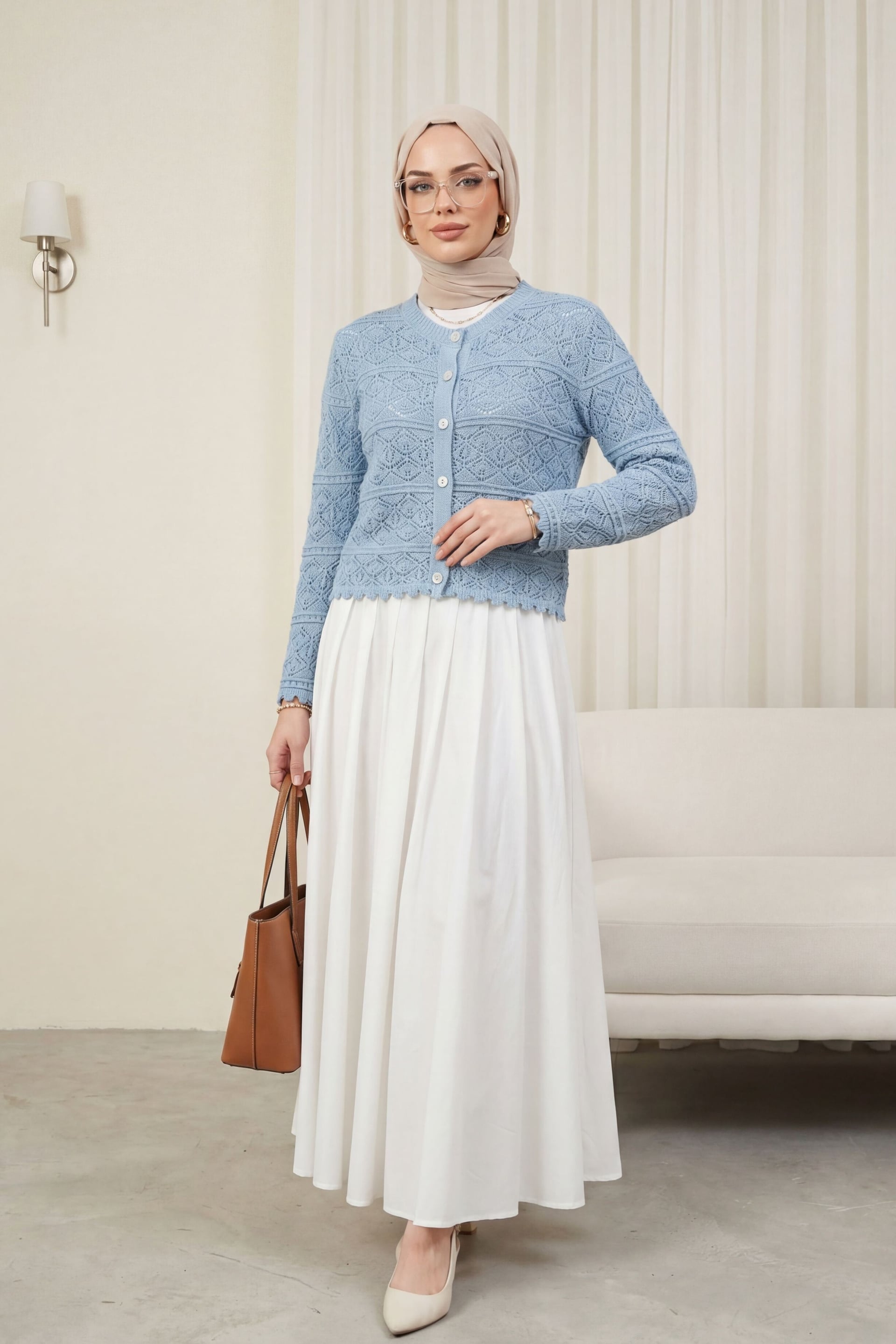 Buttoned Patterned Openwork Knit Cardigan - Ice Blue - Podyumplus - by Peralane - photo 2
