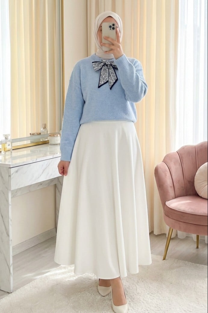 Light Blue Knit Sweater with Scarf Collar and White A-Line Skirt Set - Podyumplus - by Peralane