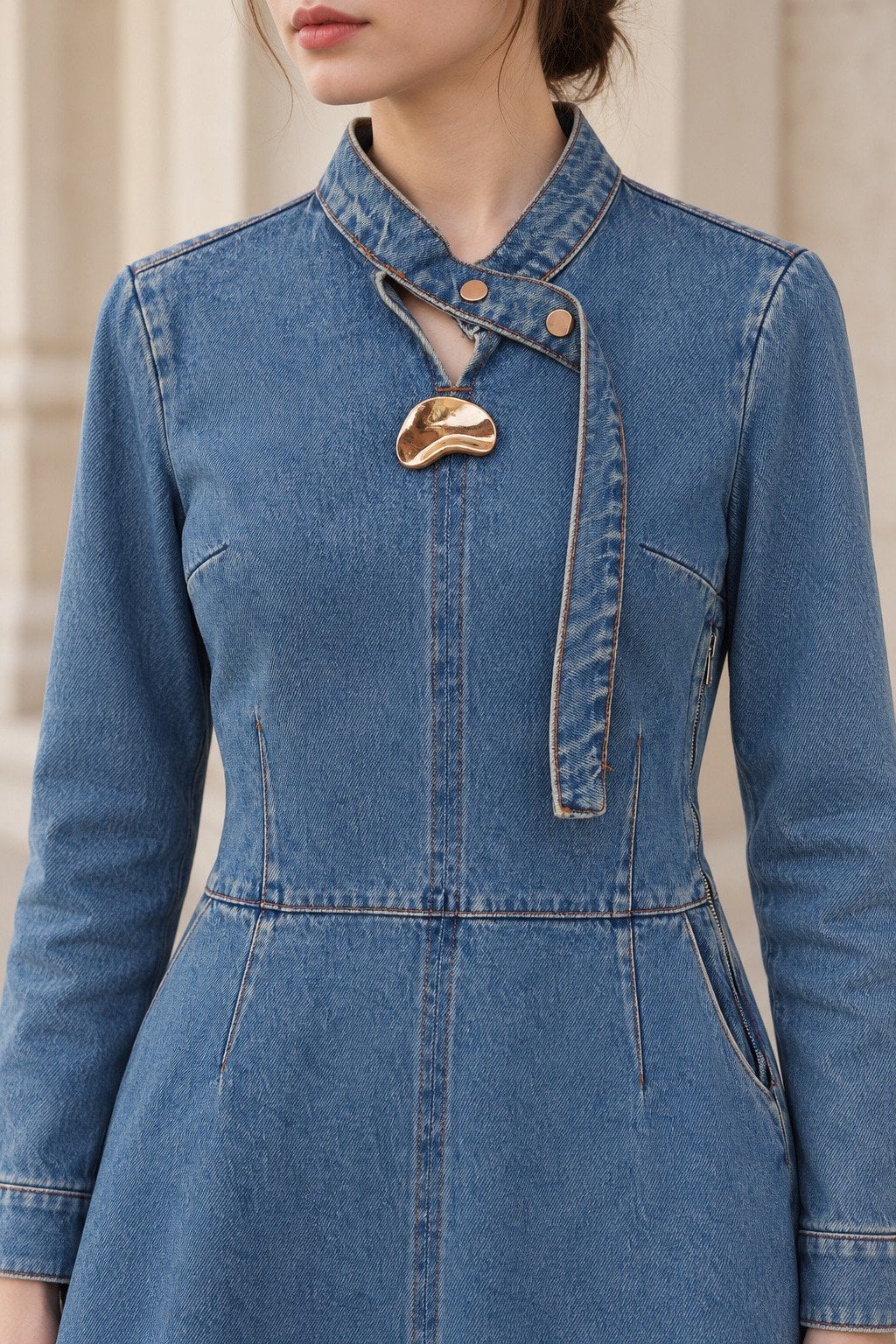 Mid Blue Denim Jacket with Gold-Tone Clasp and Snap Buttons - Xlove - by Peralane - photo 2