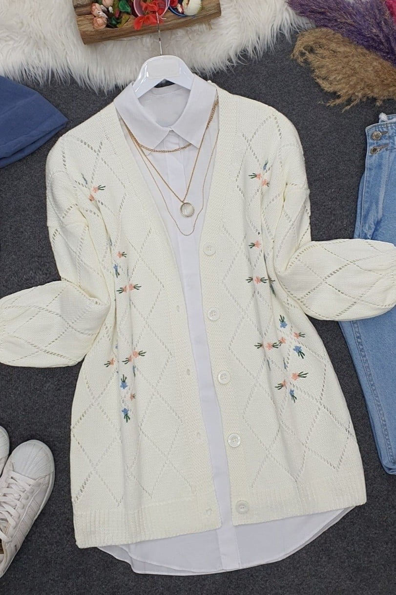 Women's Embroidered Floral Knit Cardigan - Ecru - Podyumplus - by Peralane - photo 5