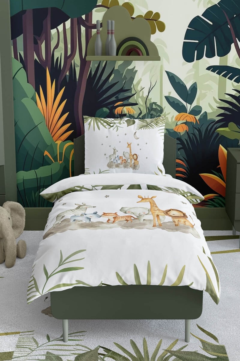 Kids Jungle Animal Print Duvet Cover Set 160x220 cm, White - Talia Home - by Peralane