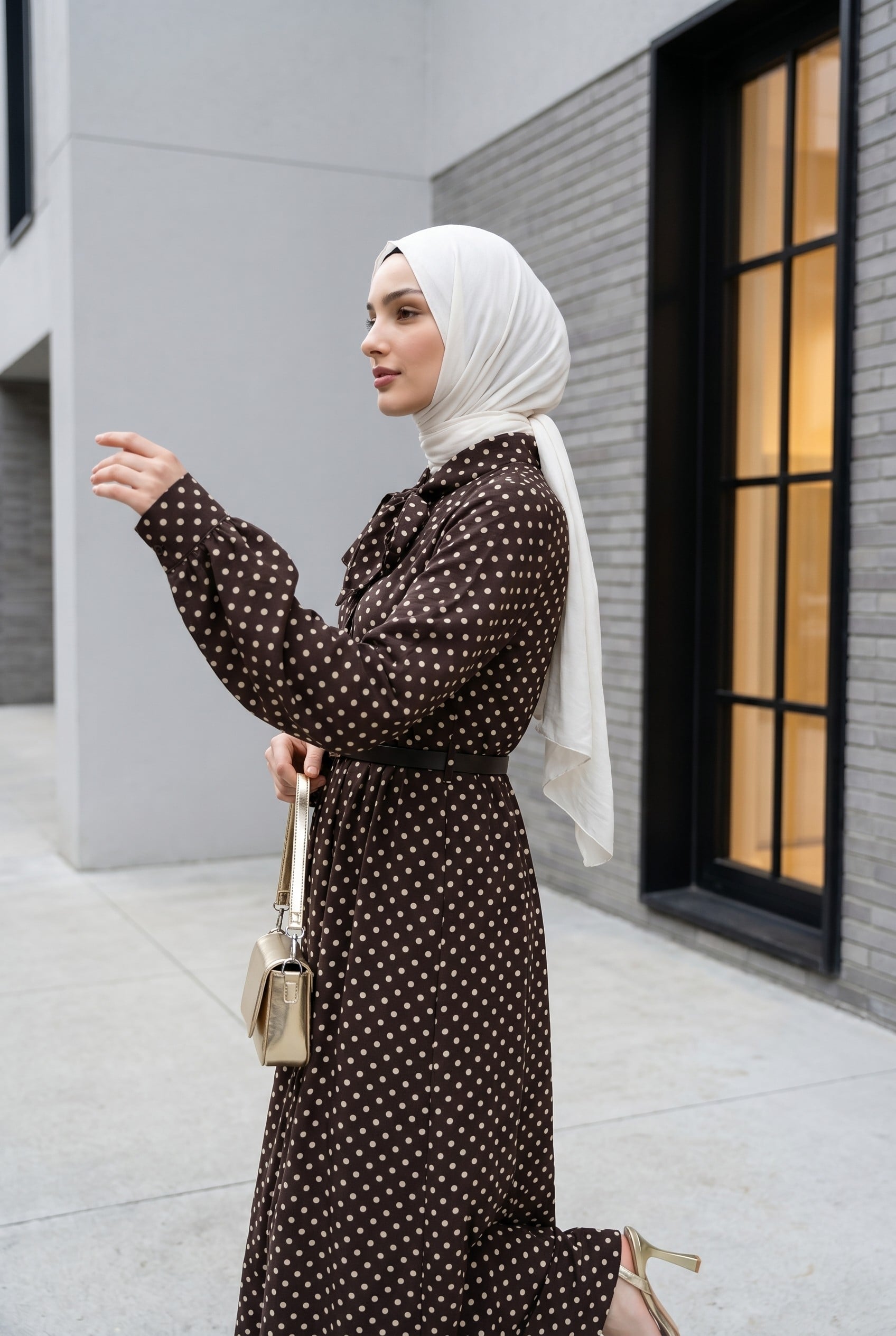 Brown Polka Dot Viscose Dress with Neck Tie and Belt - Podyumplus - by Peralane - photo 6