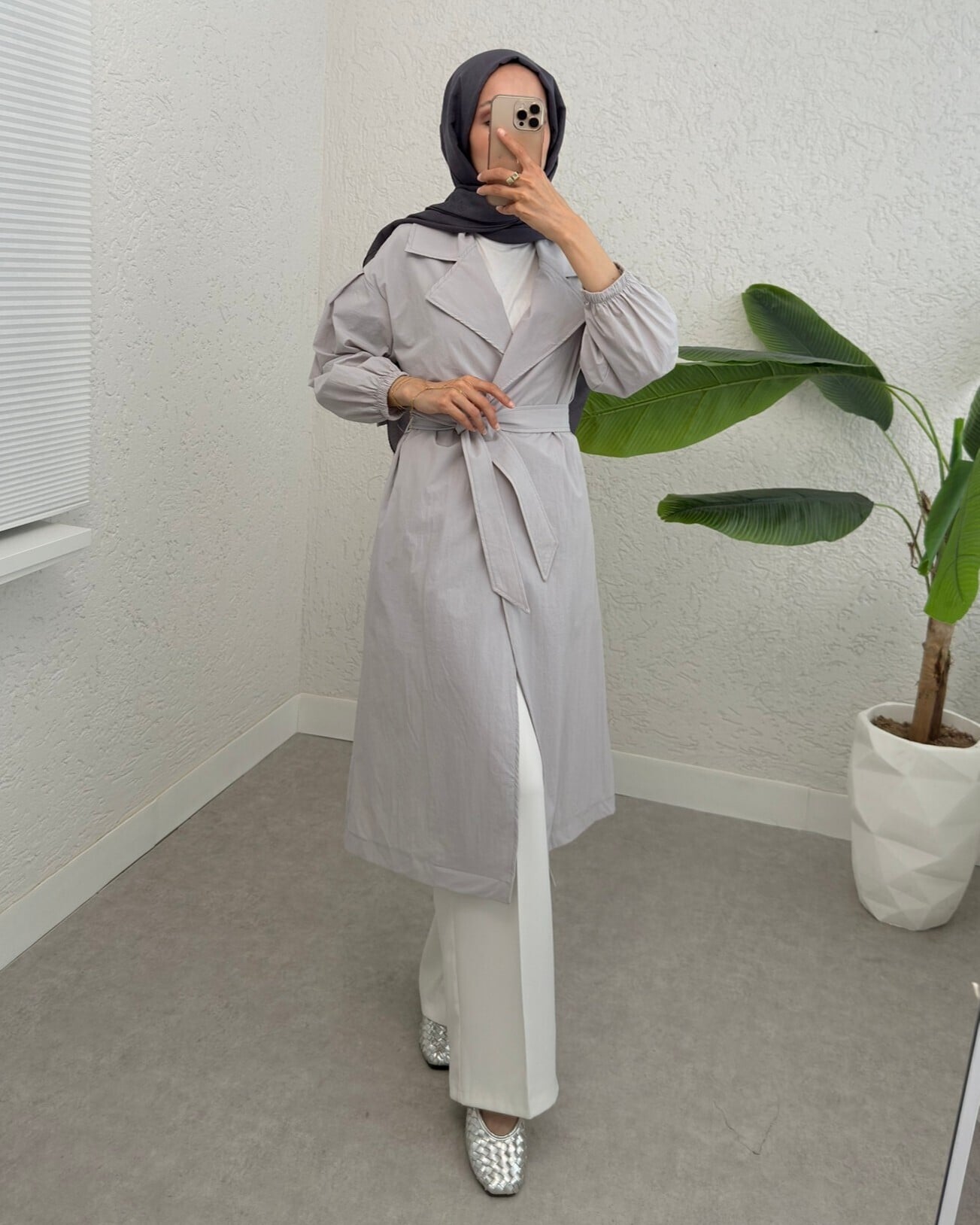 Light Grey Belted Lined Trench Coat with Elastic Cuffs - Podyumplus - by Peralane - photo 4