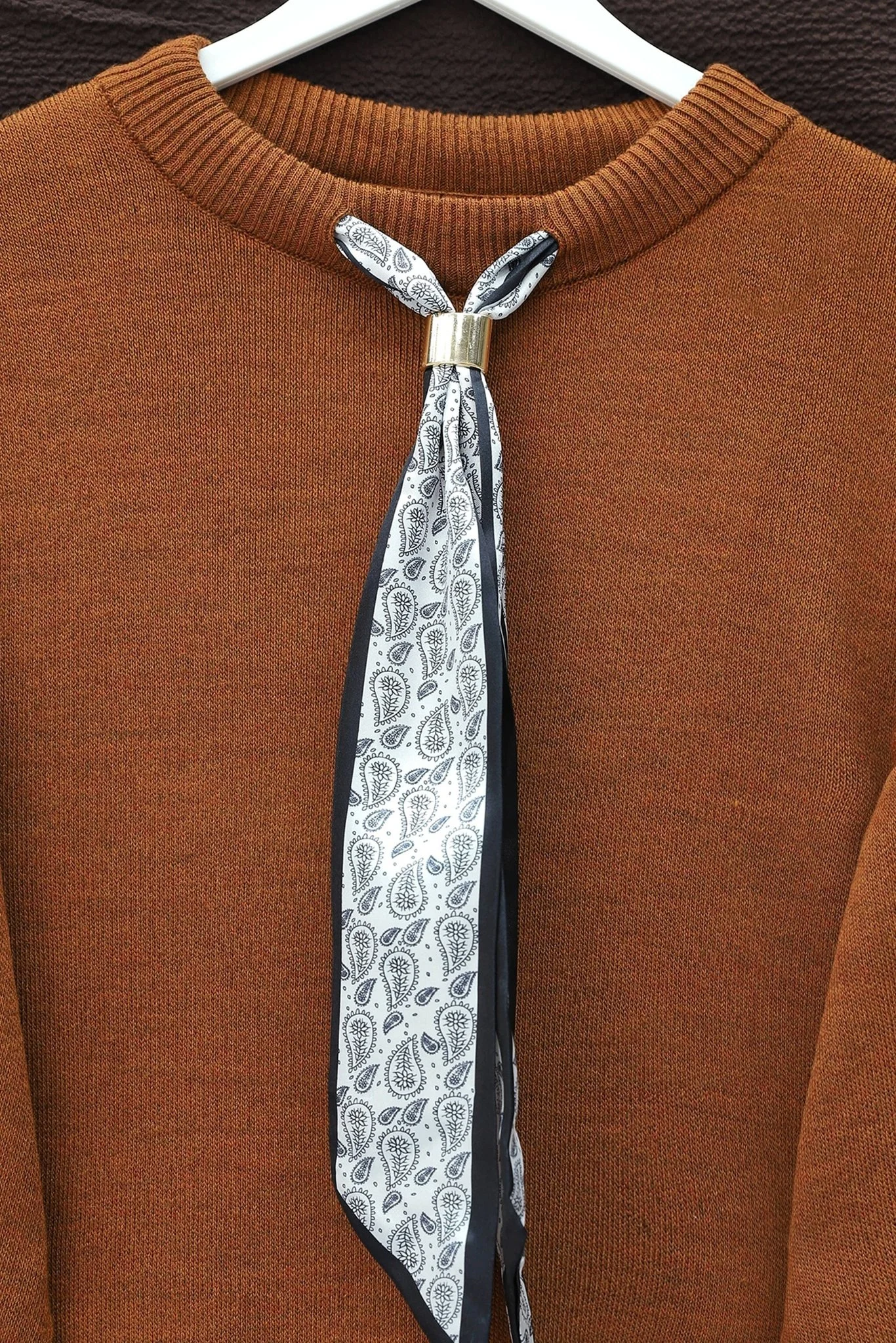Round Neck Scarf Detail Loose Knit Tunic - Rust - Podyumplus - by Peralane - photo 3
