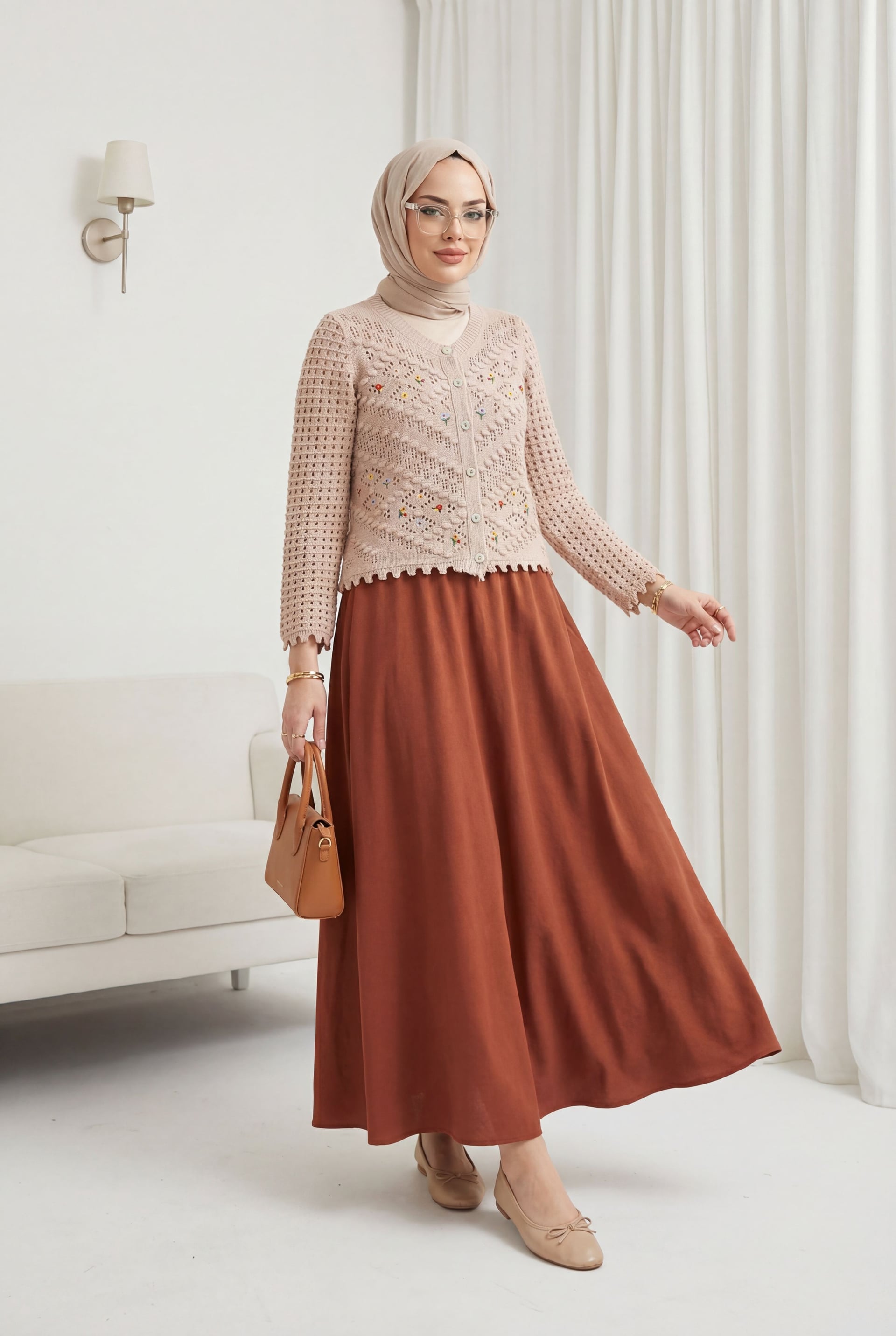 Floral Embroidered Open-Knit Cardigan - Powder - Podyumplus - by Peralane - photo 2