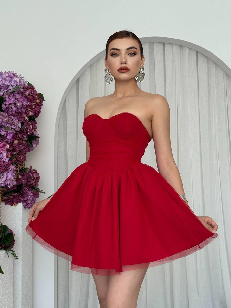 Strapless Red Tulle Evening Dress with Full Flared Skirt - Etika - by Peralane