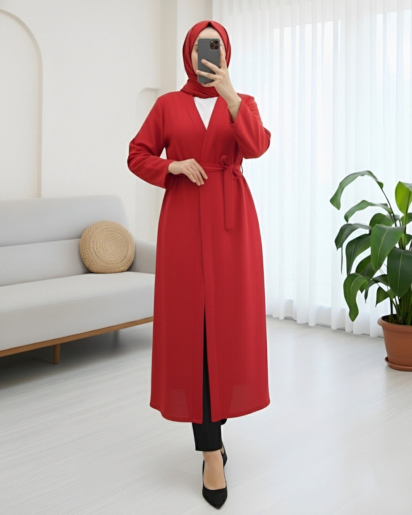 Red Double-Belted Long Abaya Coat - Podyumplus - by Peralane - photo 2